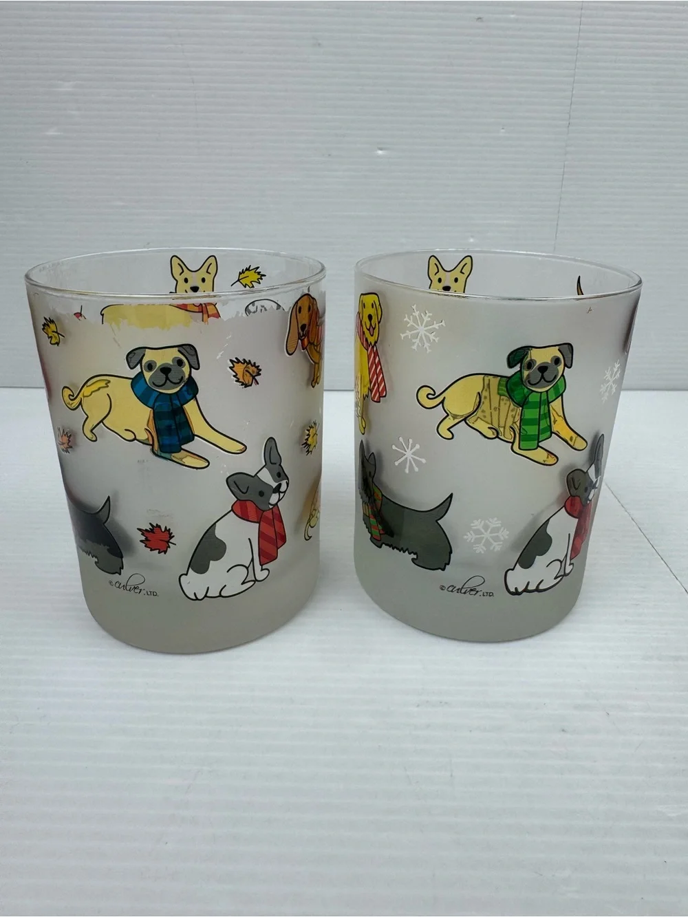 Culver Ltd Frosted Glasses Dogs In Scarves Set Of 2 Rocks Tumblers Flawed As Is